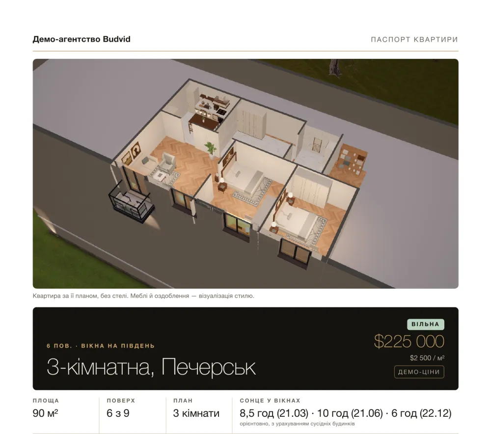 La première page de la fiche d’un appartement : vue 3D, prix, surface, étage, pièces et ensoleillement des fenêtres