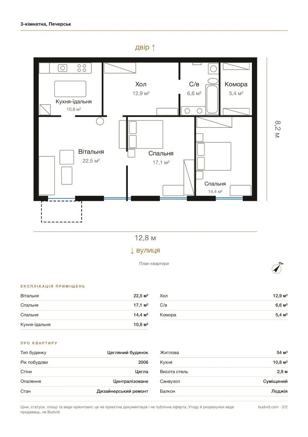 La deuxième page de la fiche d’un appartement : un plan coté, le tableau des surfaces et les caractéristiques de l’appartement