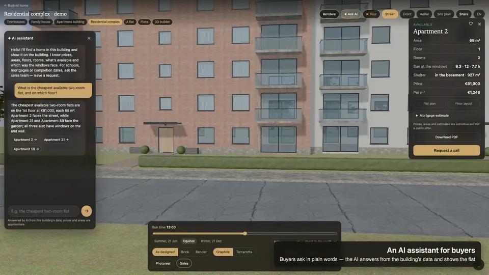 The AI assistant answers a buyer and shows flats on the building