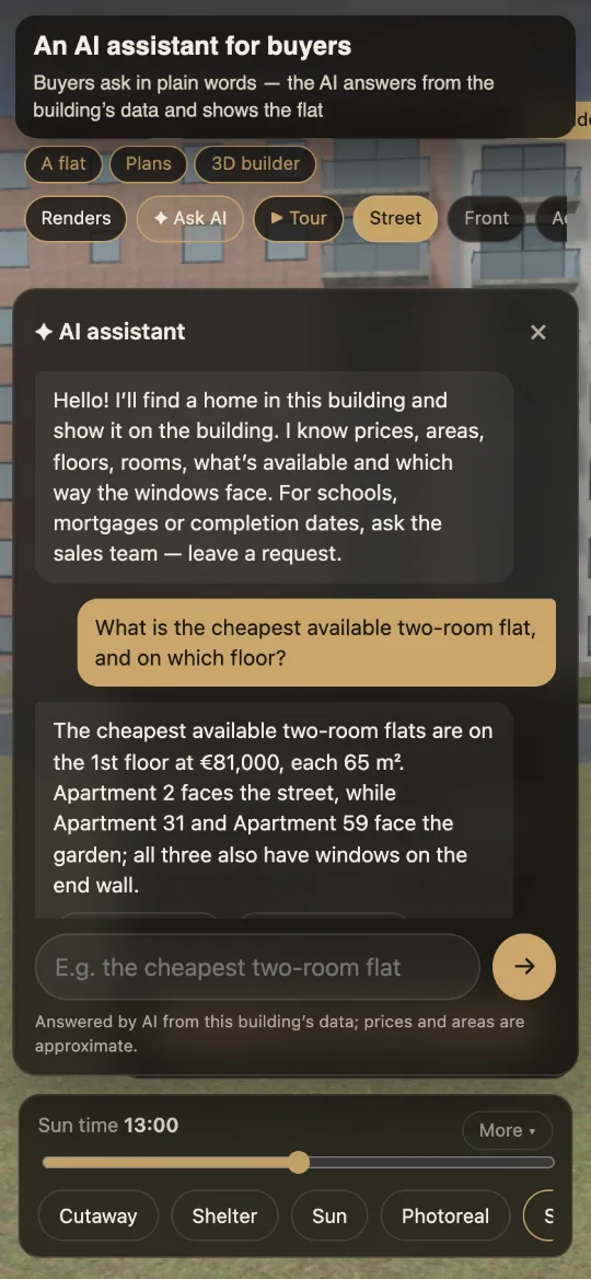 The AI assistant on a phone tells a buyer which two-room flat is the cheapest and on which floor