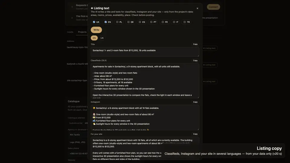 The AI writes listing copy for portals, Instagram and a website