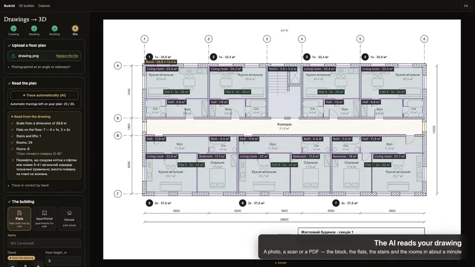 The AI traces the block and the flats on a floor plan