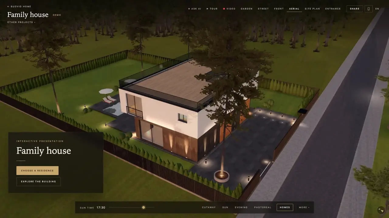 A two-storey house in the Budvid 3D builder on a plot with a garden