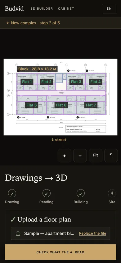 A floor plan with the block and seven flats, and the “Check what the AI read” button