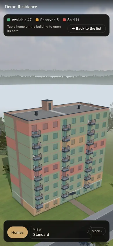 The complex in 3D: flats lit on the facade by status — available, reserved, sold