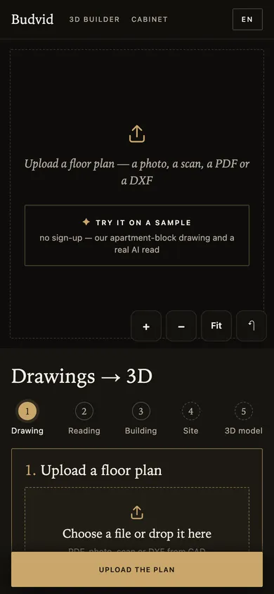 “Drawings → 3D”: “Upload a floor plan” and the “Try it on a sample” button