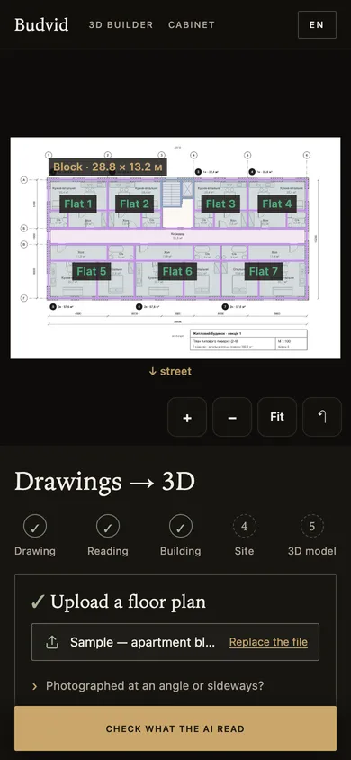 A complex’s floor plan: a 28.8 × 13.2 m block and seven flats