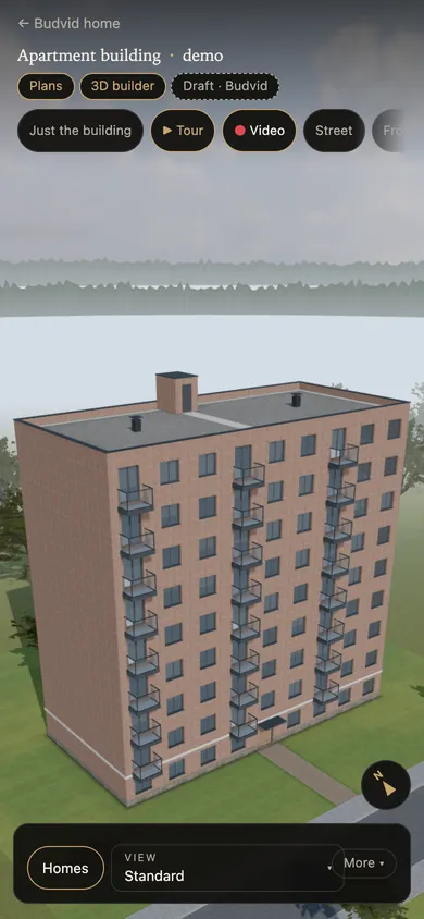 A residential building in 3D on a phone, marked “Draft · Budvid”