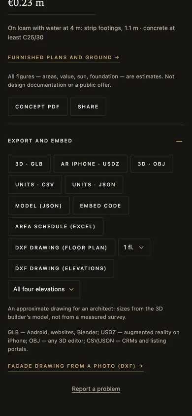 The builder: “Concept PDF”, 3D · GLB, AR iPhone · USDZ, OBJ, DXF and site code buttons