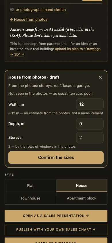 The “House from photos · draft” card: width, depth and floors, and “Confirm the sizes”