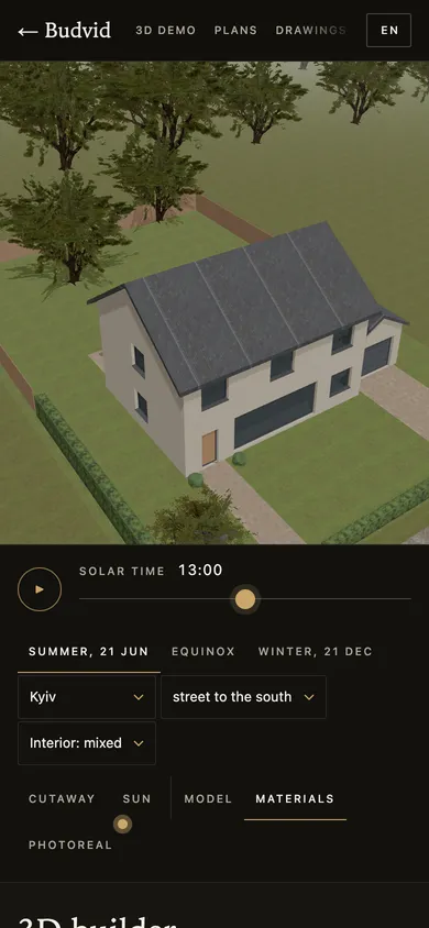 The house in 3D on a plot with trees and the sun-time slider