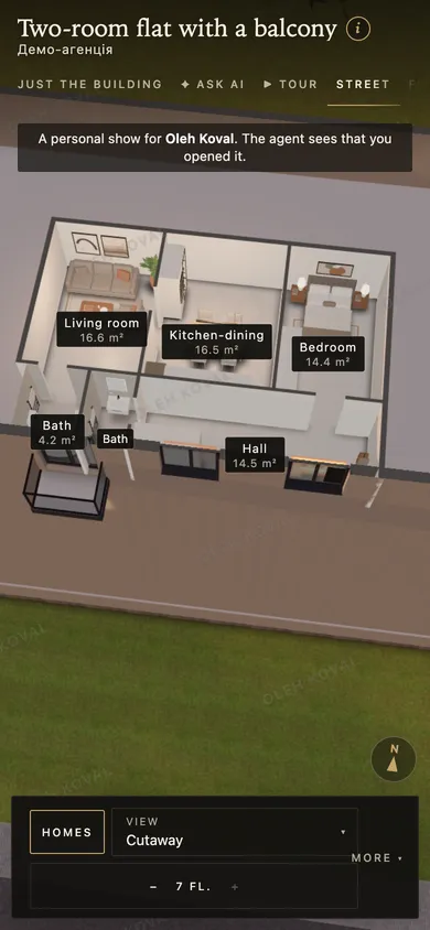 A flat in 3D with the recipient’s name as a watermark and “Personal show”