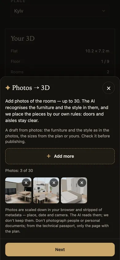 The “Photos → 3D” panel: three room photos added and the “Next” button