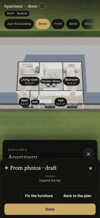 The flat in 3D furnished from photos, with the “From photos · draft” panel