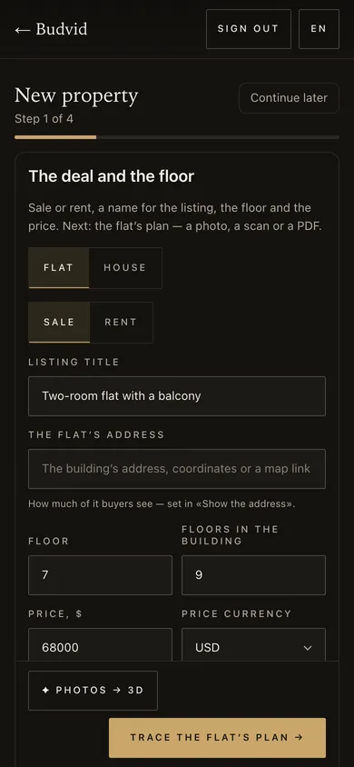 The “New property” wizard, step 1 of 4: a flat for sale, its title, address, floor and price
