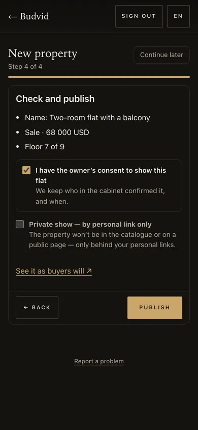 The “Check and publish” step: the owner’s consent ticked, the private show next to it