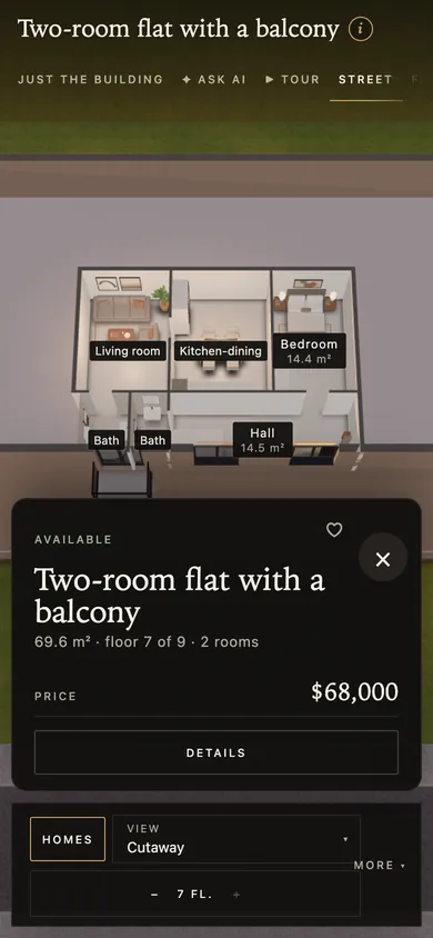 The flat’s presentation on a phone: furnished 3D, area, floor and price