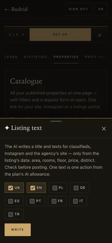 The “Listing text” panel: languages to choose and the “Write” button