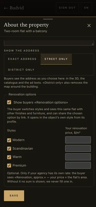The “About the property” form: show buyers “Renovation options”, four styles and price-per-m² fields