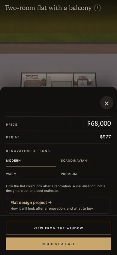 The flat’s card: price, price per m² and the “Renovation options” switch