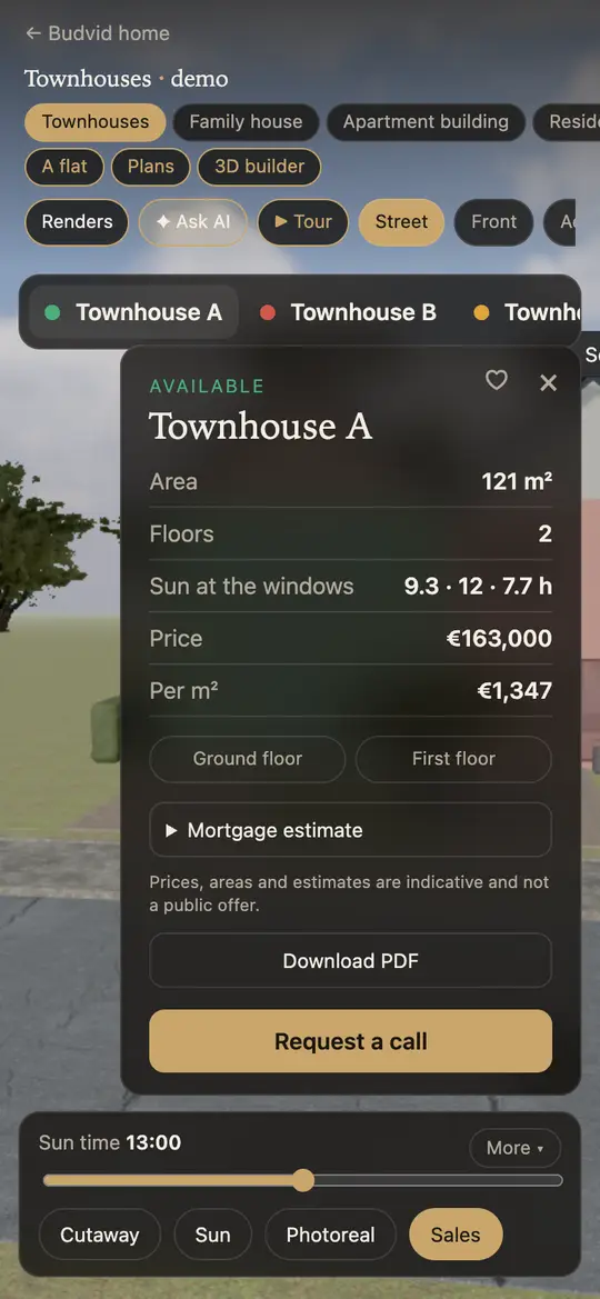 A flat’s card with its floor plan, price and request button