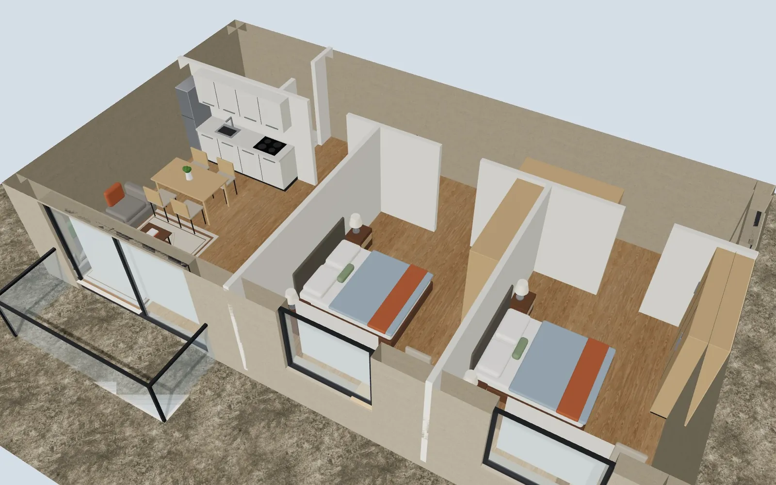 A furnished 3D floor plan of a three-room flat: kitchen and living room, two bedrooms, a balcony