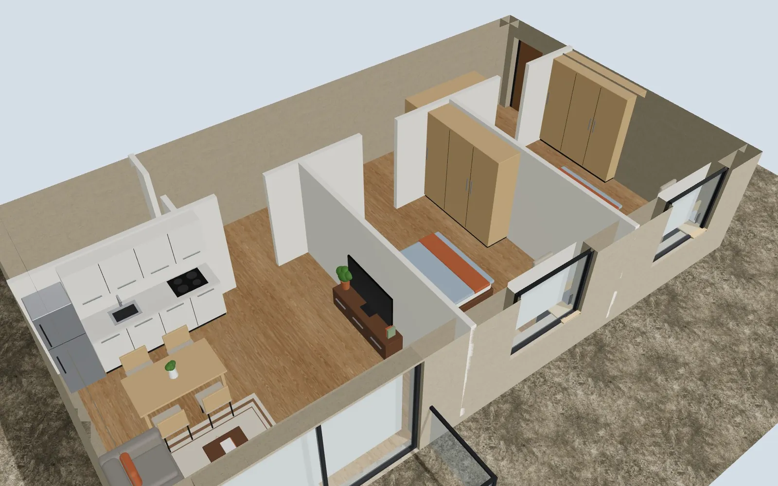 The same flat from the other side: the kitchen, the TV, the wardrobes in the bedrooms