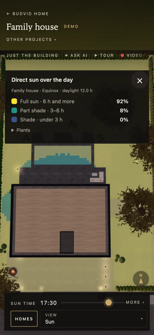 A sun map of a family house’s plot on a phone